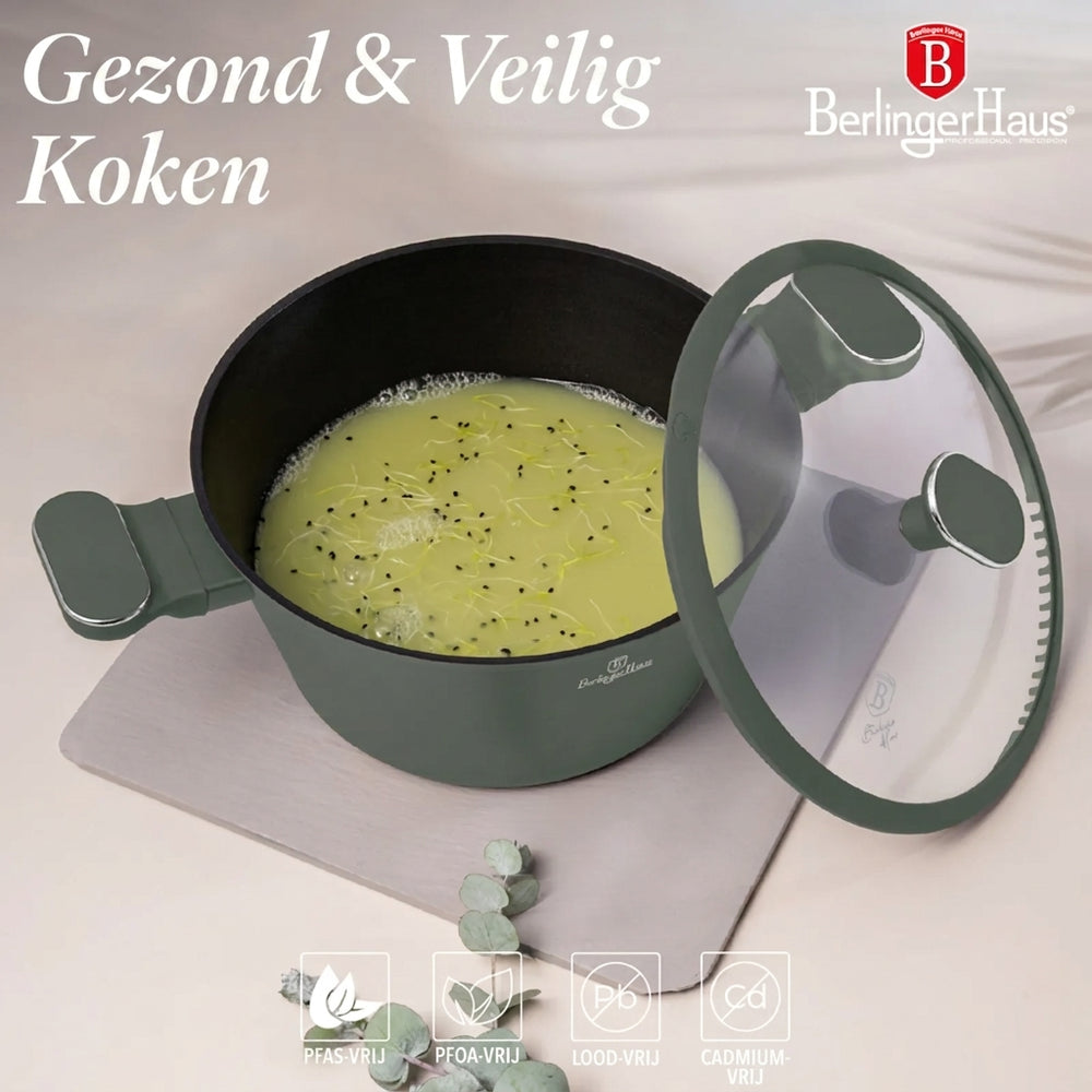 BerlingerHaus Pannenset Mat Groen 11-Delig - Kookpan ø 20, 24, 28 cm, Koekenpan ø 24, 28 cm & Steelpan ø 16 cm - Geschikt voor alle warmtebronnen