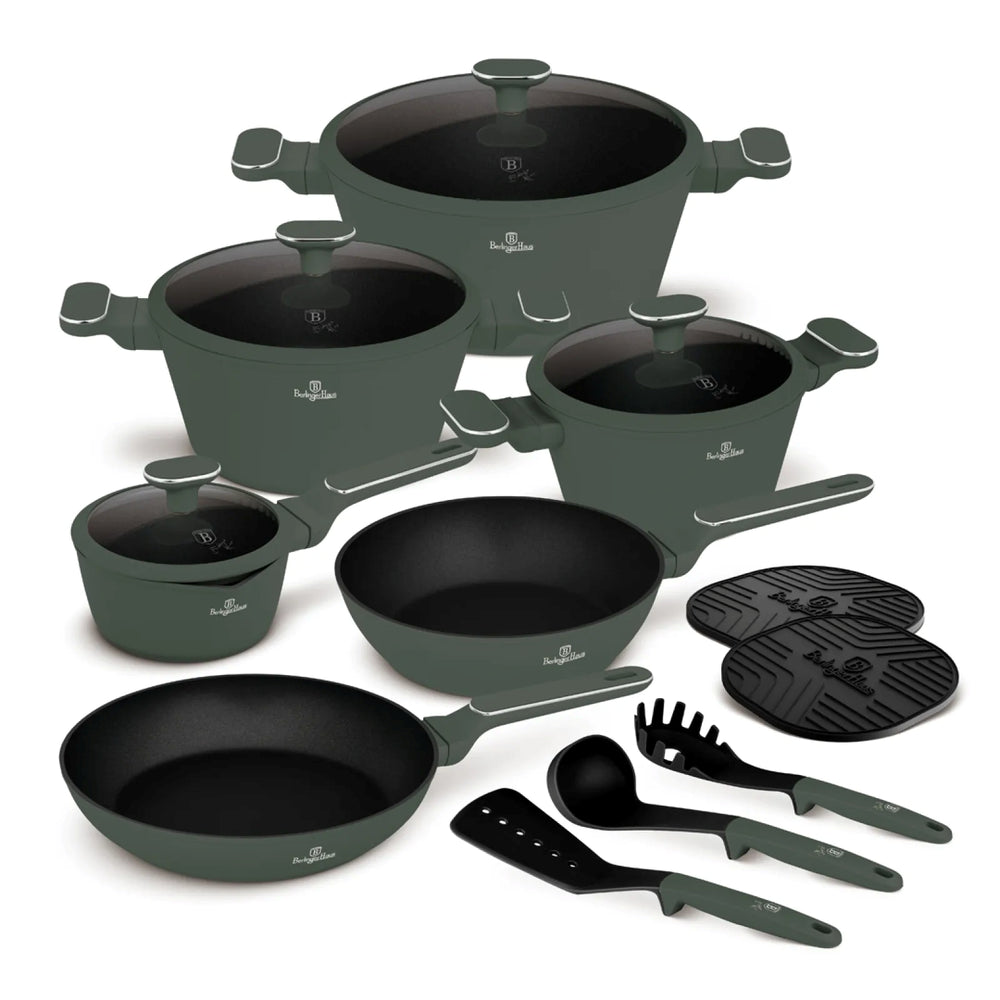 BerlingerHaus Pannenset Mat Groen 11-Delig - Kookpan ø 20, 24, 28 cm, Koekenpan ø 24, 28 cm & Steelpan ø 16 cm - Geschikt voor alle warmtebronnen