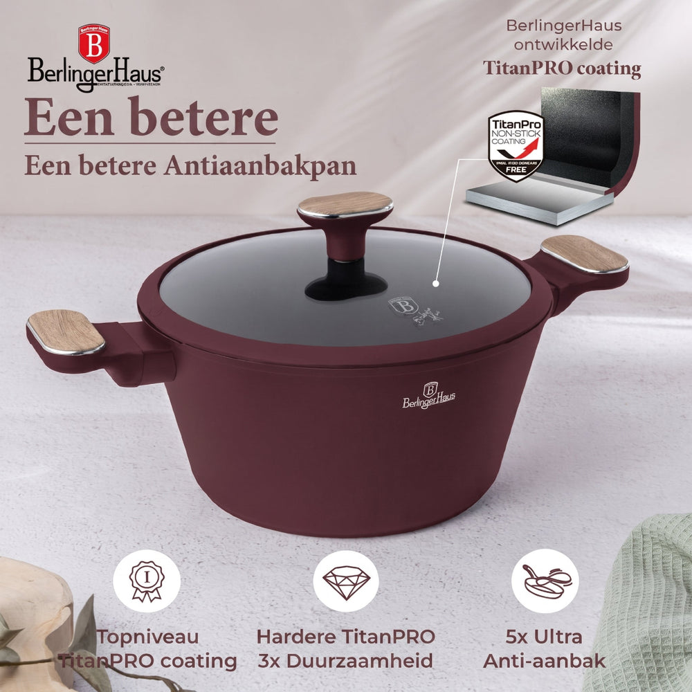 BerlingerHaus Pannenset Nordic Mat Bordeaux 7-Delig - Kookpan ø 20, 24, 28 cm, Koekenpan ø 20 & 24 cm - Geschikt voor alle warmtebronnen