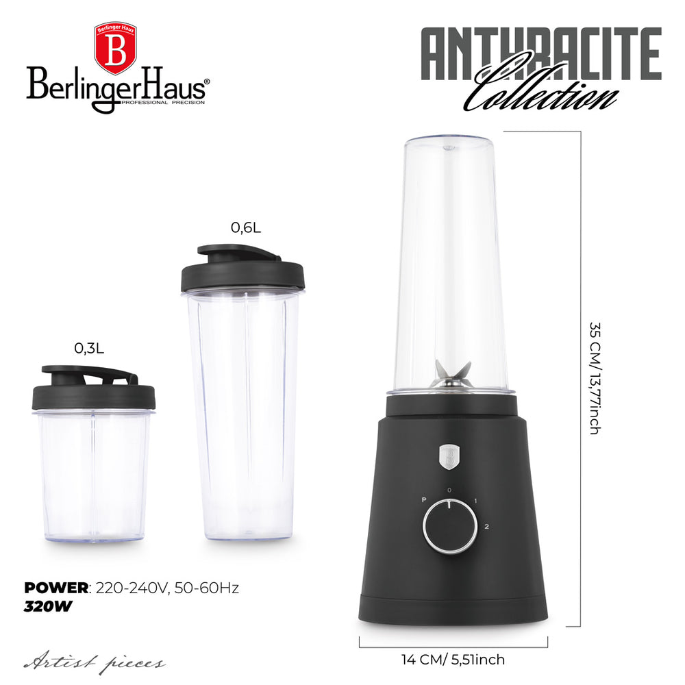 BerlingerHaus Smoothie Blender to Go Mat Antraciet - Inclusief 2 Bekers - 320W