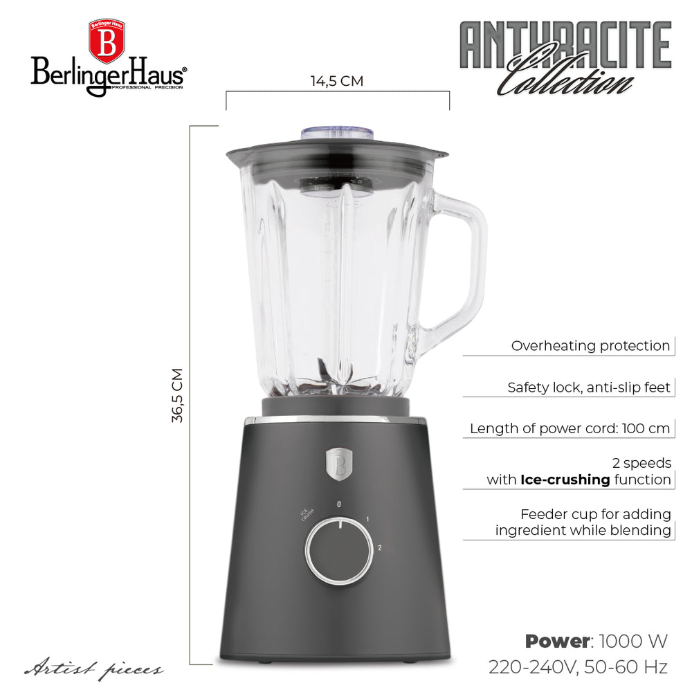 BerlingerHaus Blender Mat Antraciet - Glazen Kan - 1.5 Liter - 1000W