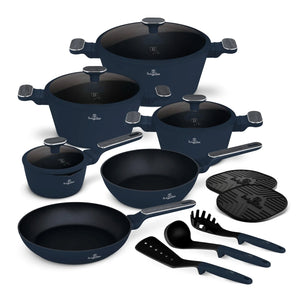 BerlingerHaus Pannenset Mat Blauw 11-Delig - Kookpan ø 20, 24, 28 cm, Koekenpan ø 24, 28 cm & Steelpan ø 16 cm - Geschikt voor alle warmtebronnen