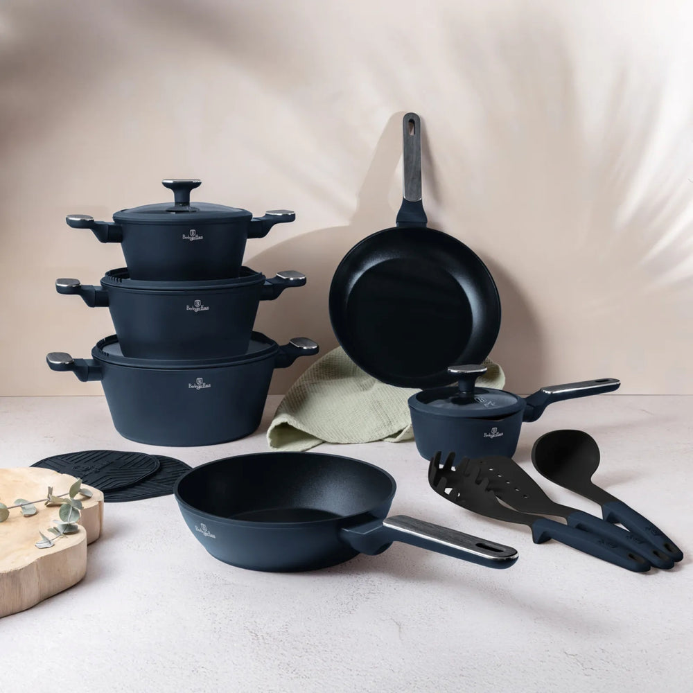BerlingerHaus Pannenset Mat Blauw 11-Delig - Kookpan ø 20, 24, 28 cm, Koekenpan ø 24, 28 cm & Steelpan ø 16 cm - Geschikt voor alle warmtebronnen