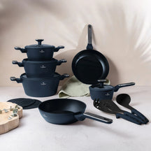 BerlingerHaus Pannenset Mat Blauw 11-Delig - Kookpan ø 20, 24, 28 cm, Koekenpan ø 24, 28 cm & Steelpan ø 16 cm - Geschikt voor alle warmtebronnen