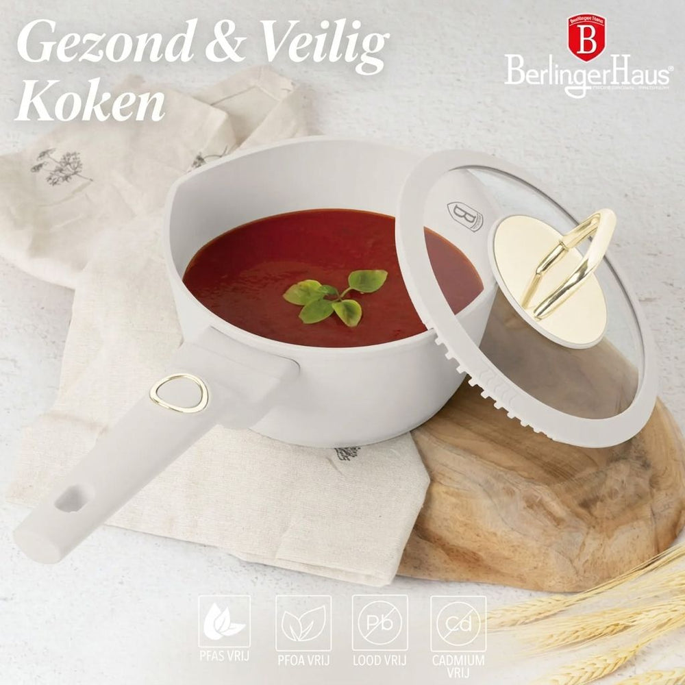 BerlingerHaus Pannenset Mat Crème 11-Delig - Kookpan ø 20, 24, 28 cm, Koekenpan ø 24, 28 cm & Steelpan ø 16 cm - Geschikt voor alle warmtebronnen