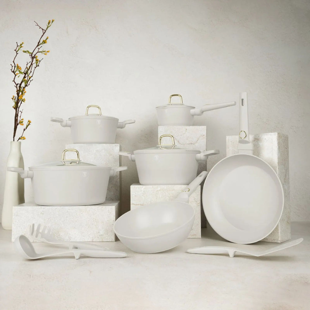 BerlingerHaus Pannenset Mat Crème 11-Delig - Kookpan ø 20, 24, 28 cm, Koekenpan ø 24, 28 cm & Steelpan ø 16 cm - Geschikt voor alle warmtebronnen