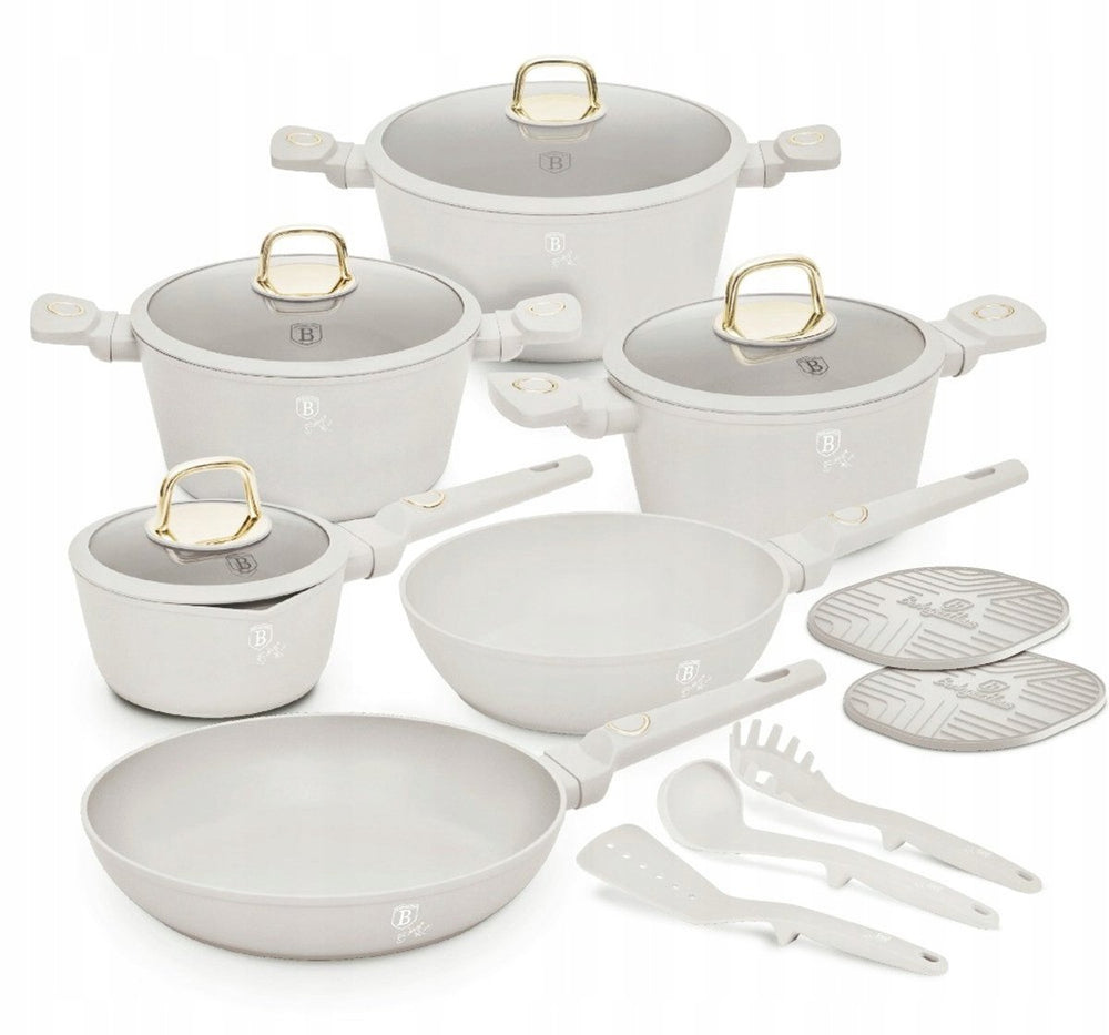 BerlingerHaus Pannenset Mat Crème 11-Delig - Kookpan ø 20, 24, 28 cm, Koekenpan ø 24, 28 cm & Steelpan ø 16 cm - Geschikt voor alle warmtebronnen