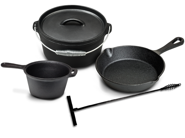 Blackwell Dutch Oven BBQ Gietijzer Set 4-Delig Braadpan + Lifter, Koekenpan ø 20 cm & Steelpan 18 cm - geschikt voor alle warmtebronnen - zonder anti-aanbaklaag