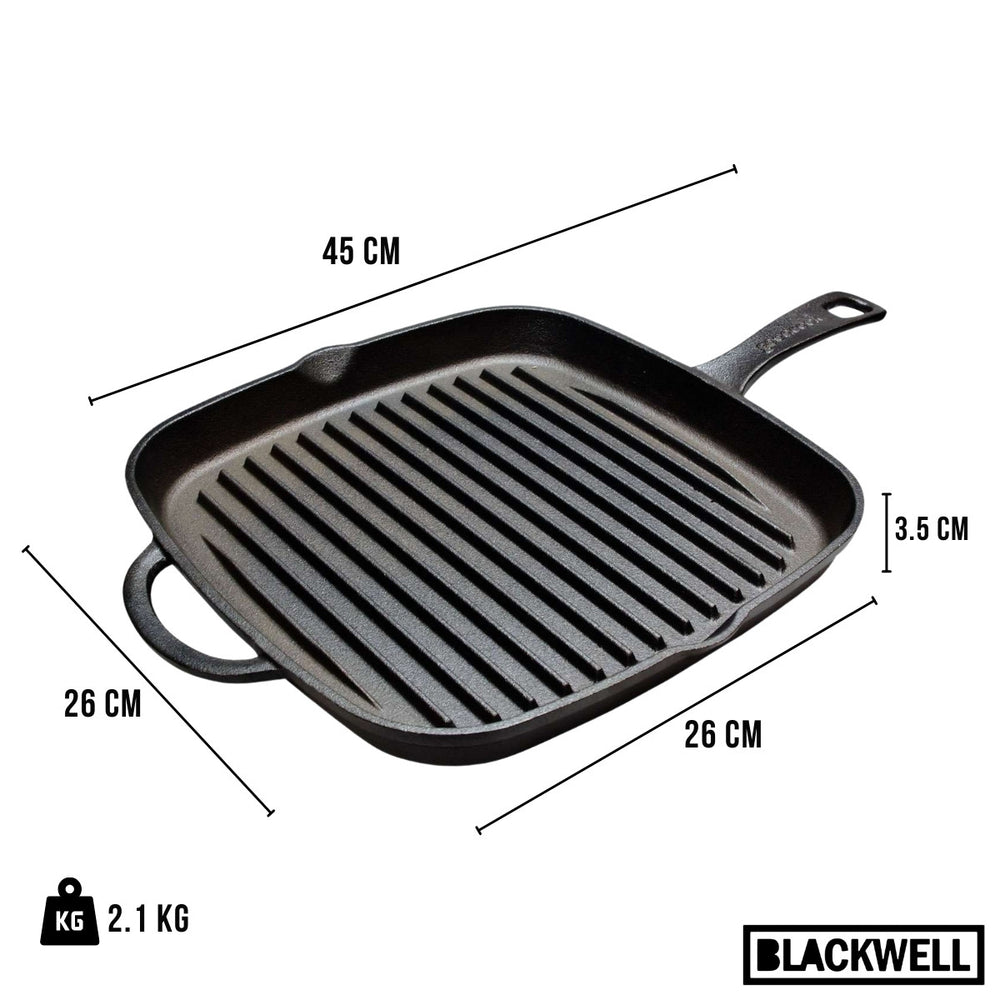 Blackwell Grillpan Cast Iron Gietijzer - 26 x 26 cm - geschikt voor alle warmtebronnen - zonder anti-aanbaklaag