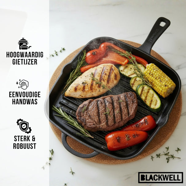 Blackwell Grillpan Cast Iron Gietijzer - 26 x 26 cm - geschikt voor alle warmtebronnen - zonder anti-aanbaklaag