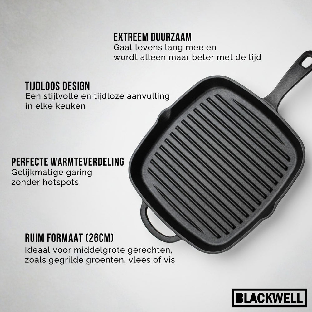 Blackwell Grillpan Cast Iron Gietijzer - 26 x 26 cm - geschikt voor alle warmtebronnen - zonder anti-aanbaklaag