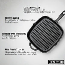 Blackwell Grillpan Cast Iron Gietijzer - 26 x 26 cm - geschikt voor alle warmtebronnen - zonder anti-aanbaklaag
