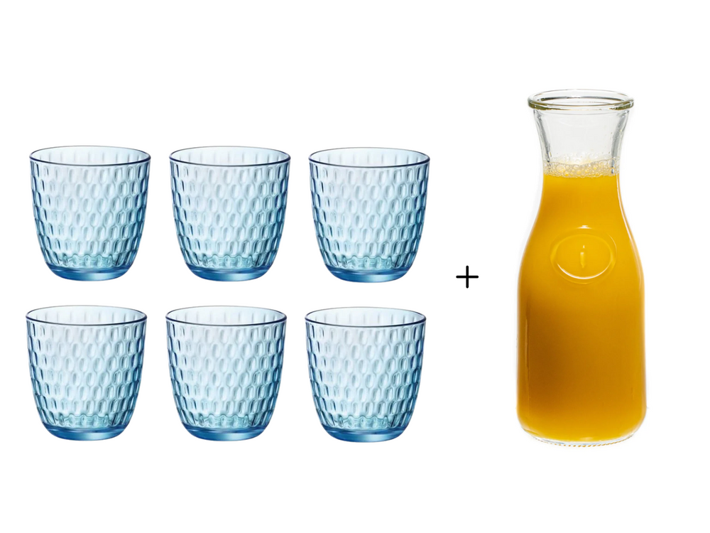 Bormioli Rocco Glazen Slot Blauw 290 ml - 6 Stuks + Cookinglife Karaf 1 Liter