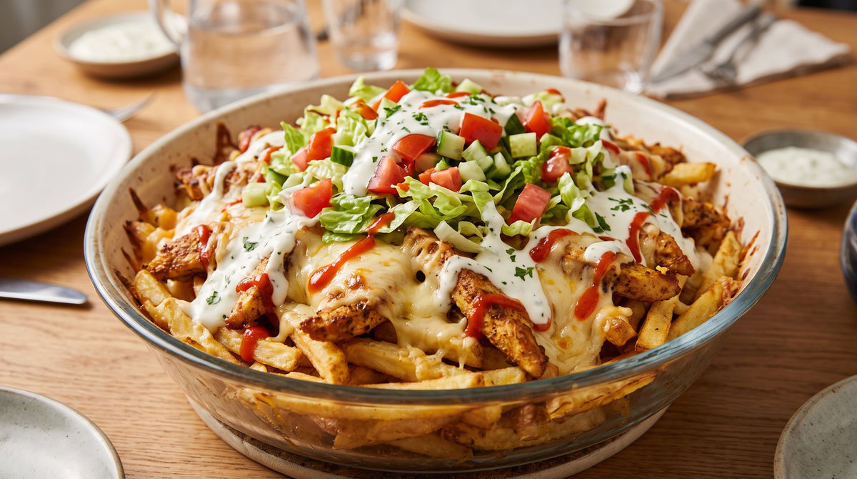 Friet, kipshoarma, gesmolten kaas, frisse sla en pittige sauzen