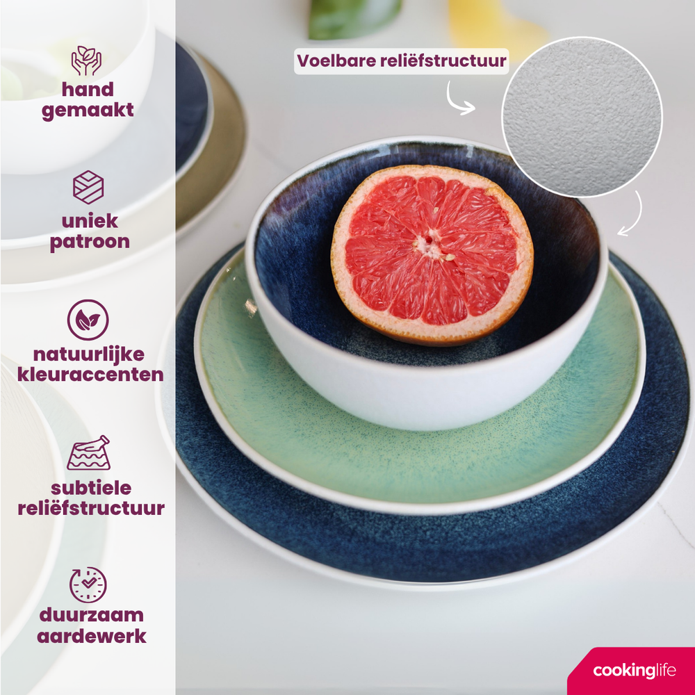 Cookinglife Serviesset Belize 18-delig / 6 personen - 6 dinerborden ø 25 cm, 6 ontbijtborden ø 21 cm, 6 soepkommen ø 15 cm