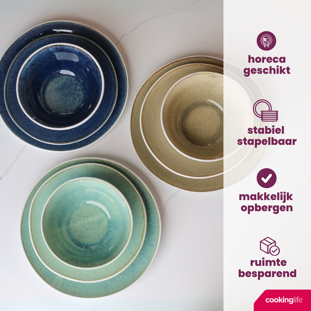 Cookinglife Serviesset Belize 18-delig / 6 personen - 6 dinerborden ø 25 cm, 6 ontbijtborden ø 21 cm, 6 soepkommen ø 15 cm