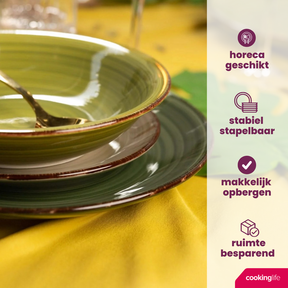 Cookinglife Serviesset Delice Groen 18-delig / 6 personen - 6 dinerborden, 6 diepe borden en 6 ontbijtborden
