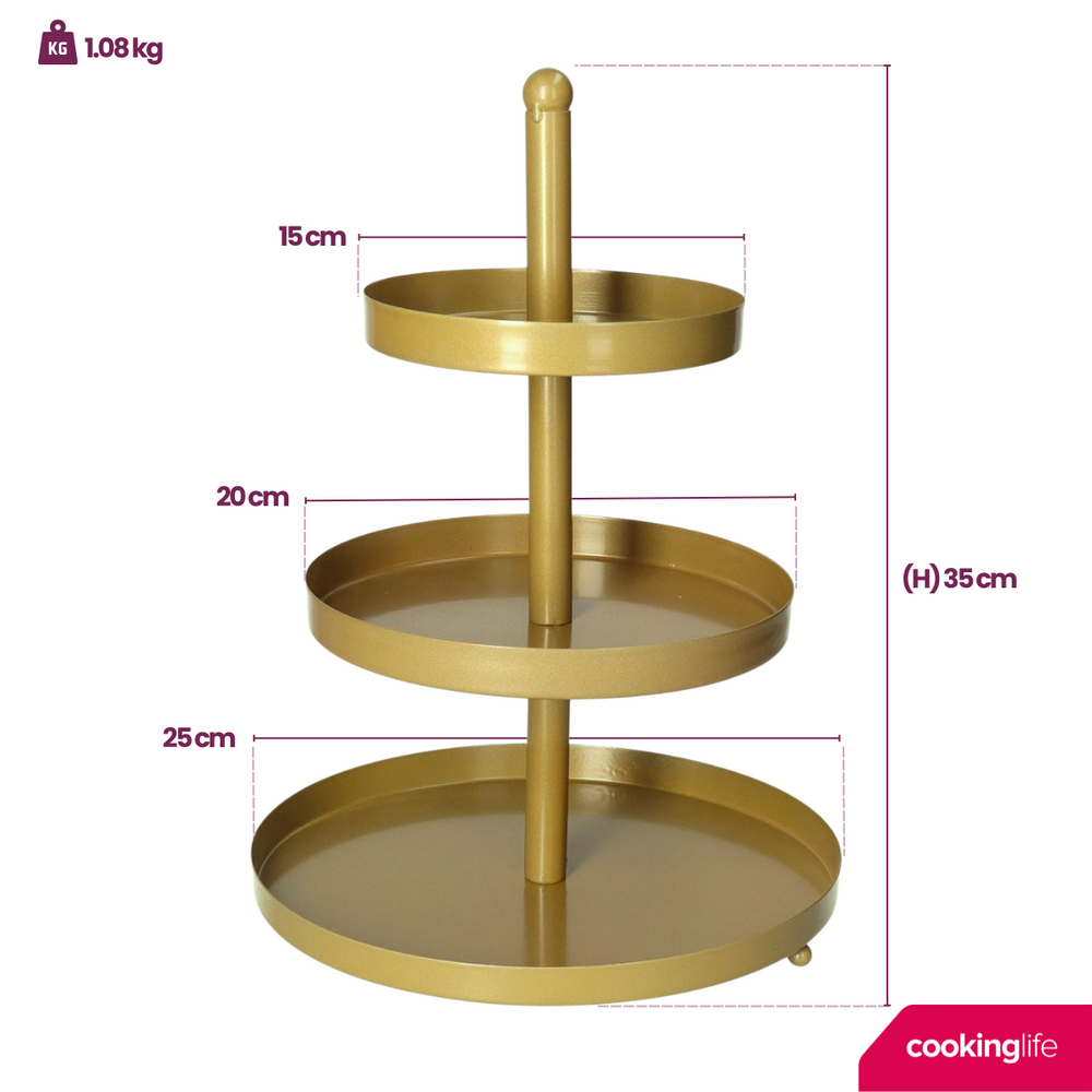 Cookinglife Etagère metaal / goud ø 15, 20 & 25 cm - 3-laags - 35 cm hoog