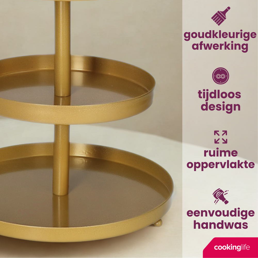 Cookinglife Etagère metaal / goud ø 15, 20 & 25 cm - 3-laags - 35 cm hoog