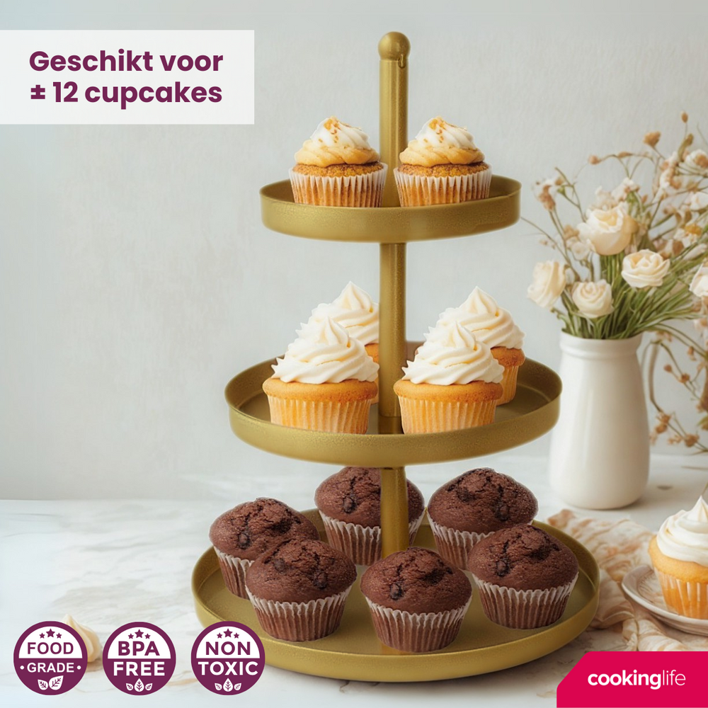 Cookinglife Etagère metaal / goud ø 15, 20 & 25 cm - 3-laags - 35 cm hoog