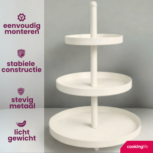 Cookinglife Etagère metaal creme ø 20, 25 & 30 cm - 3-laags - 55 cm hoog