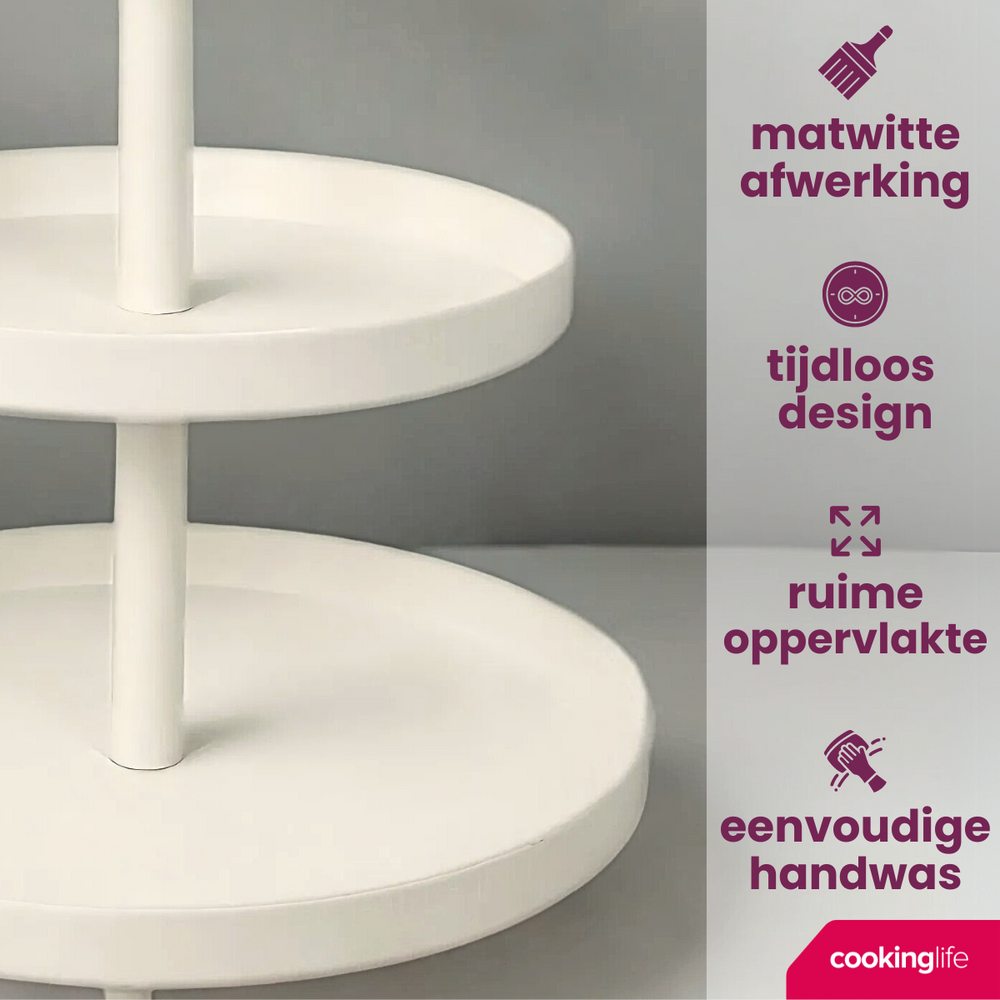Cookinglife Etagère metaal creme ø 20, 25 & 30 cm - 3-laags - 55 cm hoog