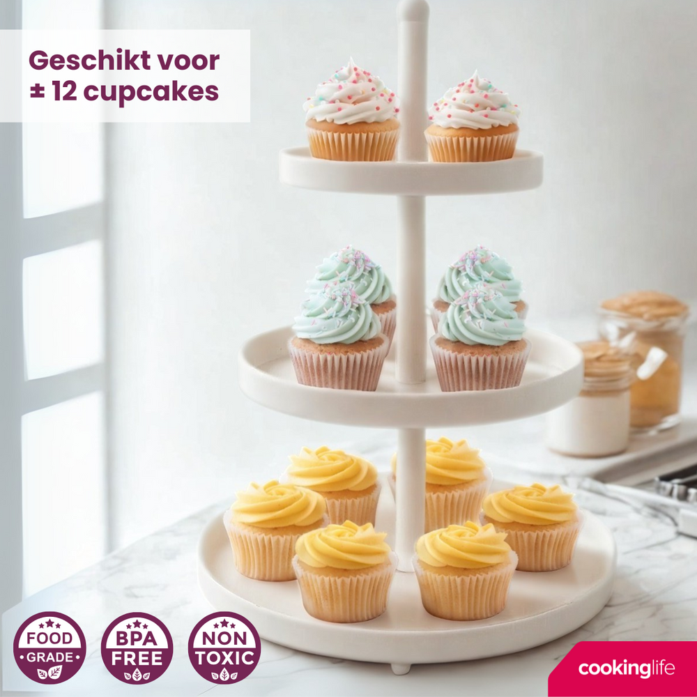 Cookinglife Etagère metaal creme ø 15, 20 & 25 cm - 3-laags - 35 cm hoog