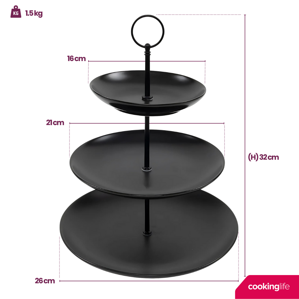 Cookinglife Etagère zwart ø 16, 21 & 26 cm - 3-laags - 32 cm hoog