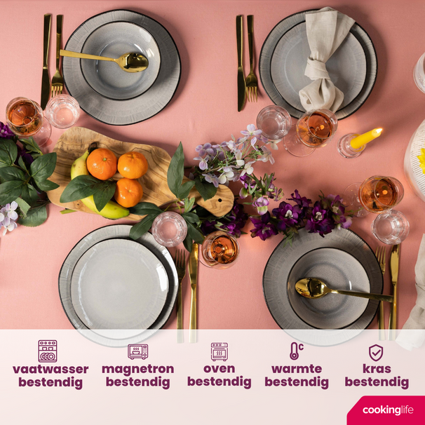 Cookinglife Serviesset Nola Warm Grey 18-delig / 6 personen - 6 dinerborden, 6 ontbijtborden en 6 kommen