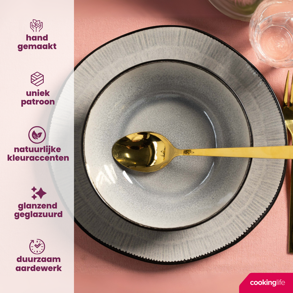 Cookinglife Serviesset Nola Warm Grey 18-delig / 6 personen - 6 dinerborden, 6 ontbijtborden en 6 kommen