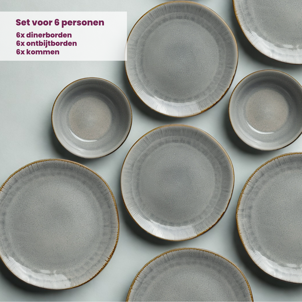 Cookinglife Serviesset Nola Warm Grey 18-delig / 6 personen - 6 dinerborden, 6 ontbijtborden en 6 kommen