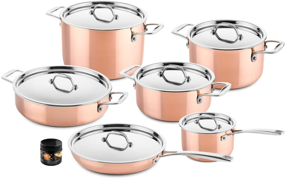 DUCQ Pannenset Koper 6-Delig - Kookpan ø 20, 20, 24 cm & Steelpan ø 16 cm & Braadpan ø 28 cm & Koekenpan ø 26 cm + Deksels