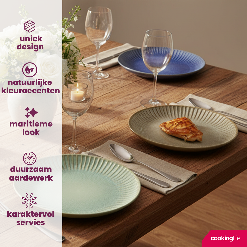 Cookinglife Serviesset Aqua Maris 18-delig / 6 personen - 6 dinerborden, 6 ontbijtborden en 6 kommen