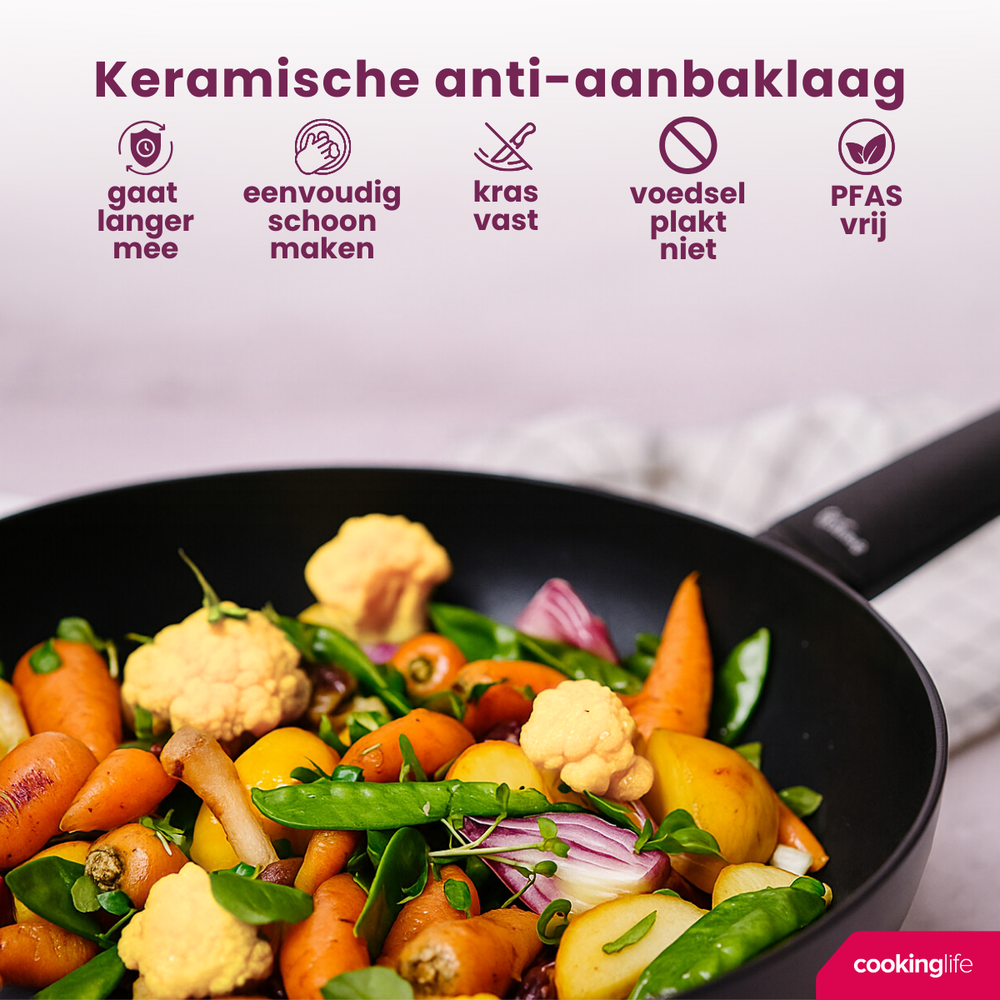 Cookinglife Wokpan Black Cera ø 28 cm - keramische anti-aanbaklaag