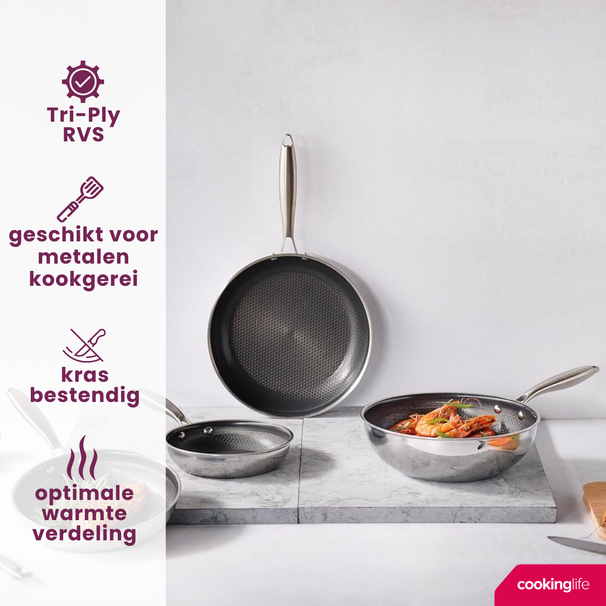 Cookinglife Pannenset HexaCook - Hybride Pan 3-delig - Koekenpan ø 24 & 28 cm + Wokpan ø 28 cm - NON STICK - geschikt voor alle warmtebronnen - keramische anti-aanbaklaag