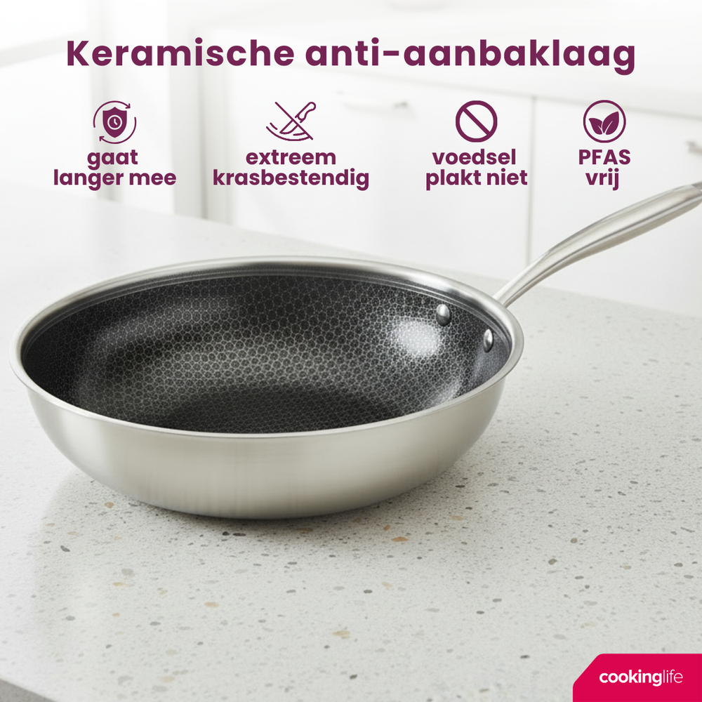 Cookinglife Wokpan HexaCook - Hybride Pan ø 28 cm - NON STICK - geschikt voor alle warmtebronnen - keramische anti-aanbaklaag