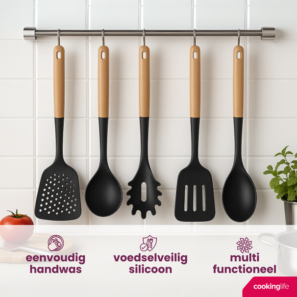Cookinglife Keukengerei set - Kookgerei set - hout zwart 5 delig - Schuimspaan, soeplepel, spaghettilepel, bakspaan & opscheplepel