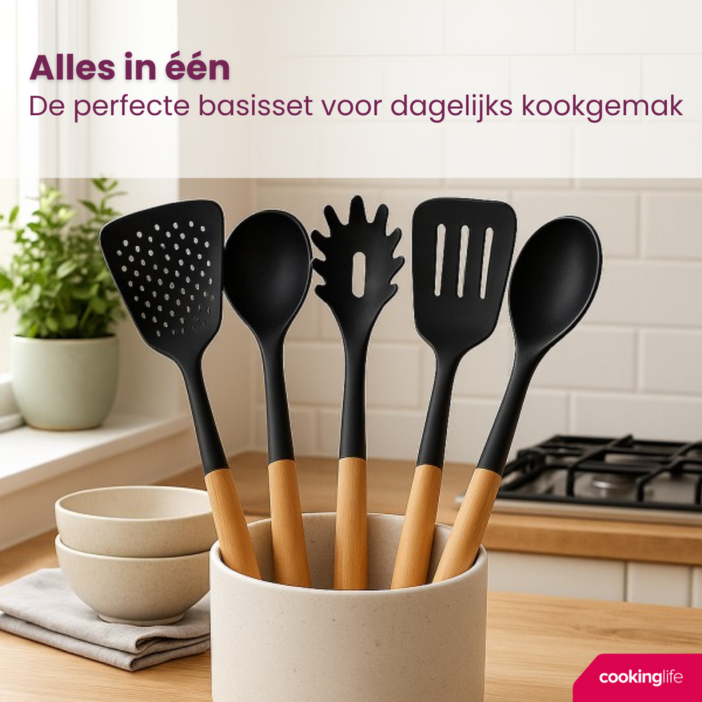 Cookinglife Keukengerei set - Kookgerei set - hout zwart 5 delig - Schuimspaan, soeplepel, spaghettilepel, bakspaan & opscheplepel