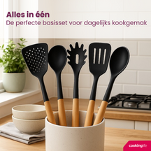 Cookinglife Keukengerei set - Kookgerei set - hout zwart 5 delig - Schuimspaan, soeplepel, spaghettilepel, bakspaan & opscheplepel