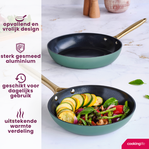 Cookinglife Koekenpannenset Style Groen 2-Delig ø 24 & 28 cm - geschikt voor alle warmtebronnen - keramische anti-aanbaklaag