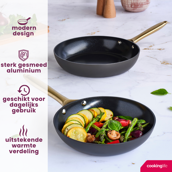 Cookinglife Koekenpannenset Style Zwart 2-Delig ø 24 & 28 cm - geschikt voor alle warmtebronnen - keramische anti-aanbaklaag