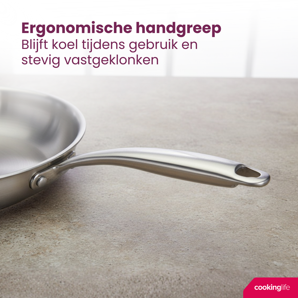 Cookinglife Koekenpan Superior Triply RVS ø 20 cm - geschikt voor alle warmtebronnen - zonder anti-aanbaklaag