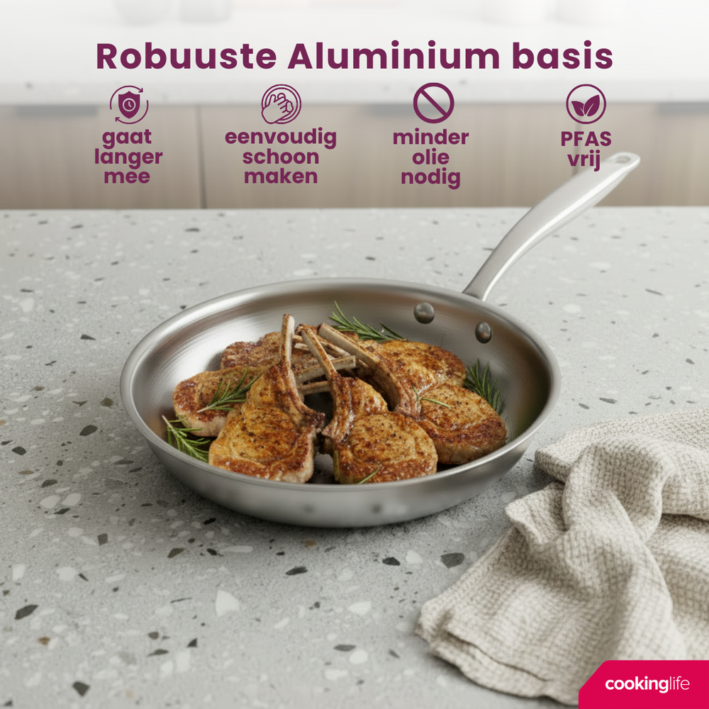 Cookinglife Koekenpan Superior Triply RVS ø 20 cm - geschikt voor alle warmtebronnen - zonder anti-aanbaklaag