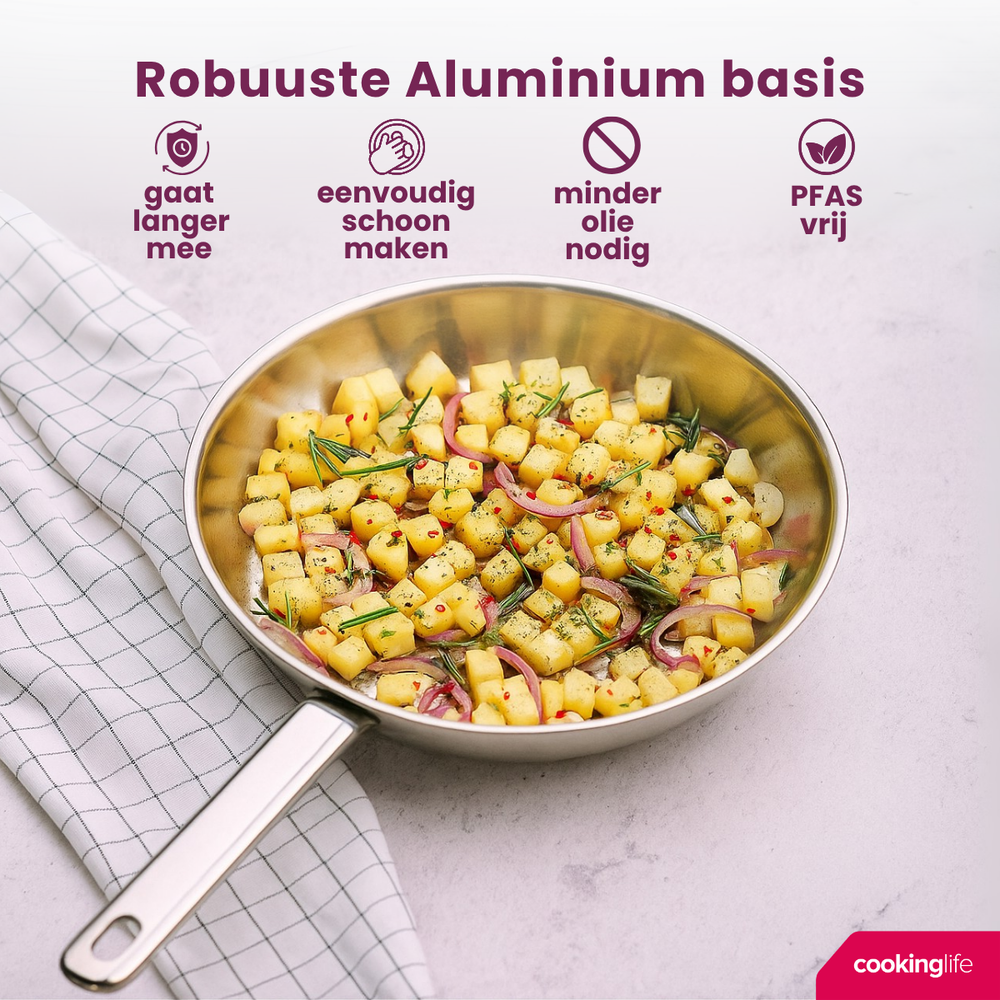 Cookinglife Koekenpannenset Superior Triply RVS 3-delig - ø 20, 24 & 28 cm - geschikt voor alle warmtebronnen - zonder anti-aanbaklaag