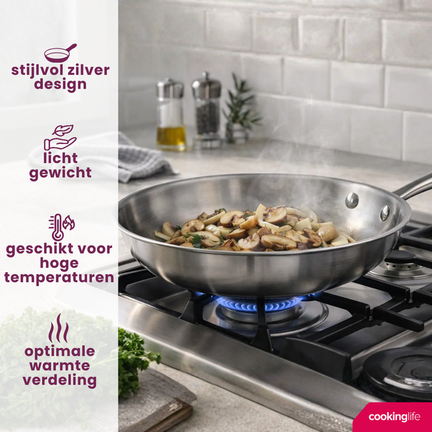 Cookinglife Koekenpan Superior Triply RVS ø 24 cm - geschikt voor alle warmtebronnen - zonder anti-aanbaklaag