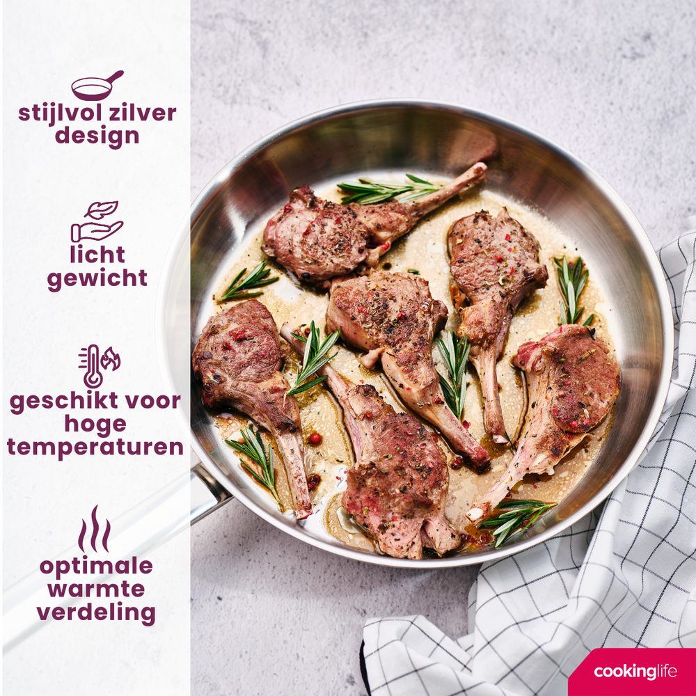 Cookinglife Koekenpannenset Superior Triply RVS 3-delig - ø 20, 24 & 28 cm - geschikt voor alle warmtebronnen - zonder anti-aanbaklaag
