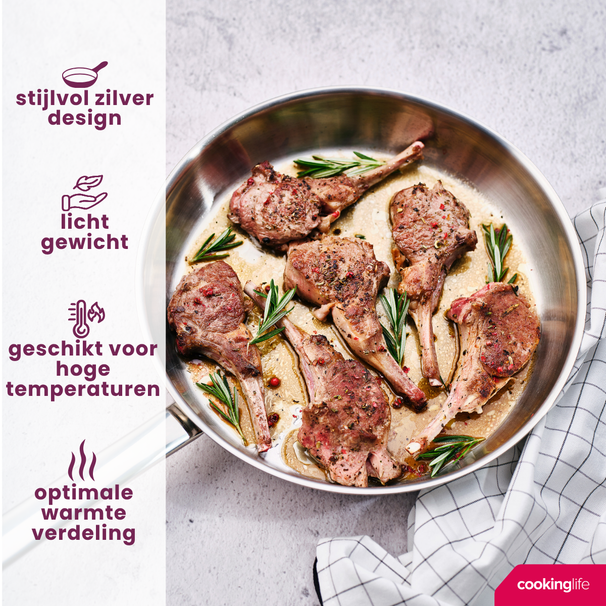 Cookinglife Koekenpan Superior Triply RVS ø 28 cm - geschikt voor alle warmtebronnen - zonder anti-aanbaklaag