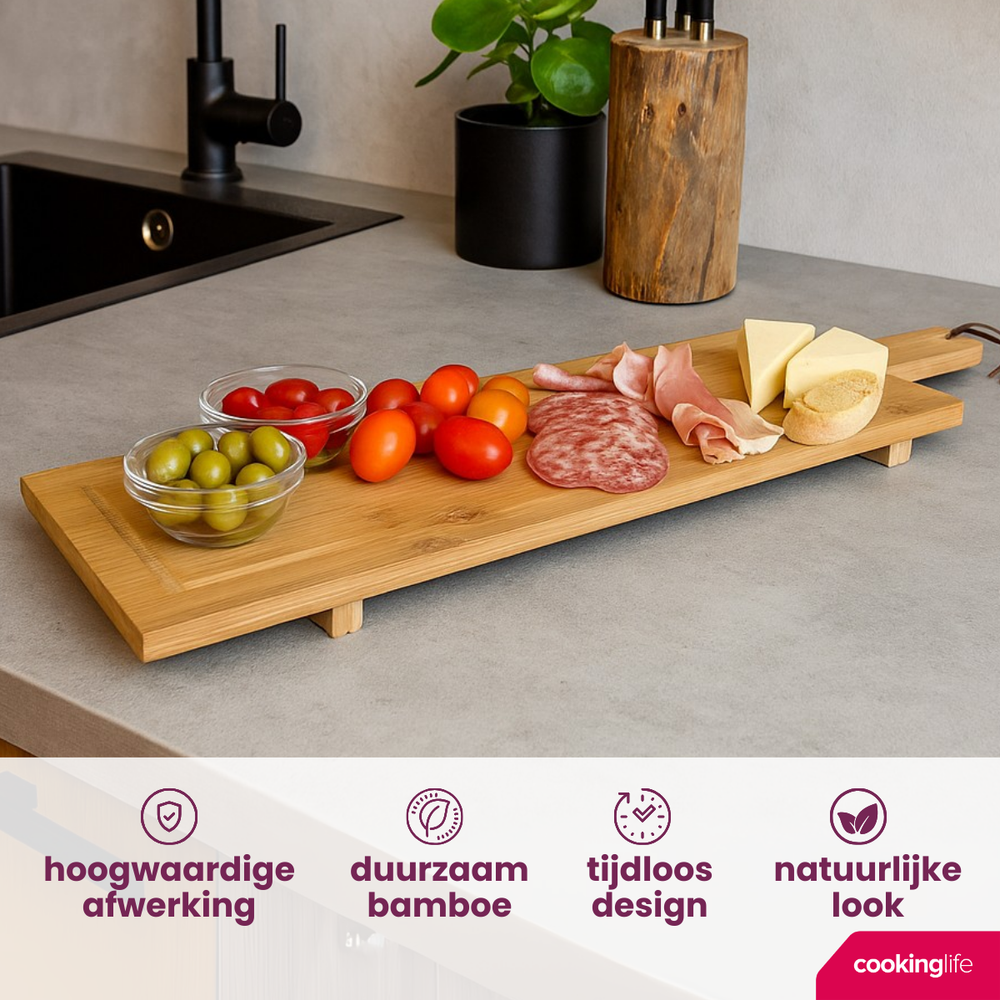 Cookinglife Serveerplank / Tapasplank op pootjes - XL - Bamboe - 88 x 26 cm