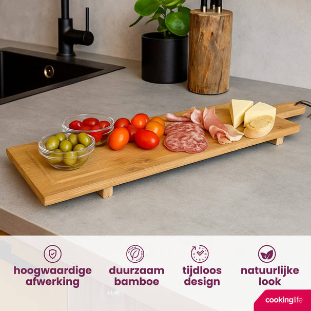 Cookinglife Serveerplank / Tapasplank op pootjes - XL - Bamboe - 88 x 26 cm