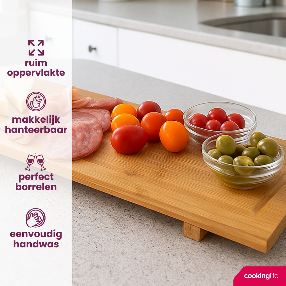 Cookinglife Serveerplank / Tapasplank op pootjes - XL - Bamboe - 88 x 26 cm